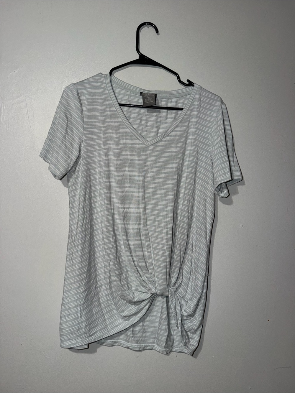 Matty M Light Gray & White Striped V-Neck Tie-Front Tee